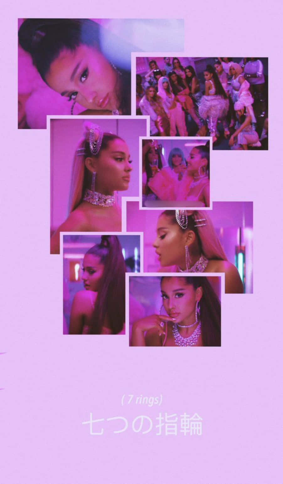 Ariana Grande 7 Rings 桌布 壁紙 — 一張充滿活力的粉紅色調拼貼畫，展示了Ariana Grande在《7 Rings》音樂錄影帶中的迷人姿勢和群體場景。