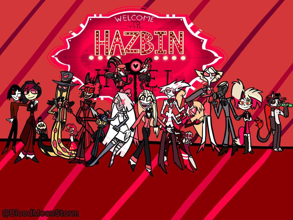 Hazbin Hotel 桌布 壁紙 — 一張充滿活力的紅色動畫海報， featuring Hazbin Hotel 的演員站在發光的招牌前。