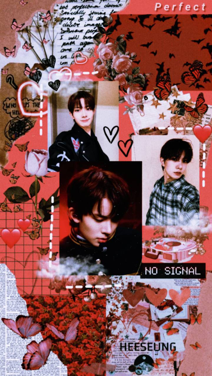 Kpop Aesthetic 桌布 壁紙 — 一張充滿活力的紅色拼貼桌布，包含三位年輕男子的照片、蝴蝶、玫瑰、心形和手寫筆記，呈現粉絲製作的風格。