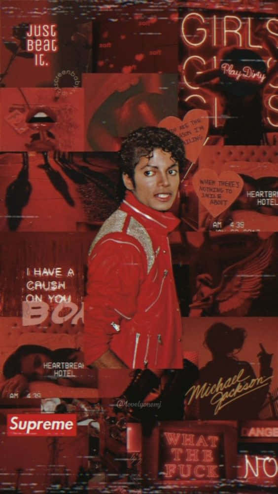 Michael Jackson Thriller 桌布 壁紙 — 一張充滿活力的紅色拼貼畫， featuring Michael Jackson 穿著紅色外套，周圍環繞著專輯歌詞和流行文化參考。