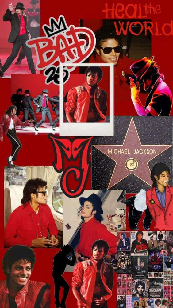 Michael Jackson Thriller 桌布 壁紙 — 一張充滿活力的紅色拼貼畫，慶祝麥可傑克森，包含照片、標誌性姿勢、標誌和好萊塢星光大道上的星星。