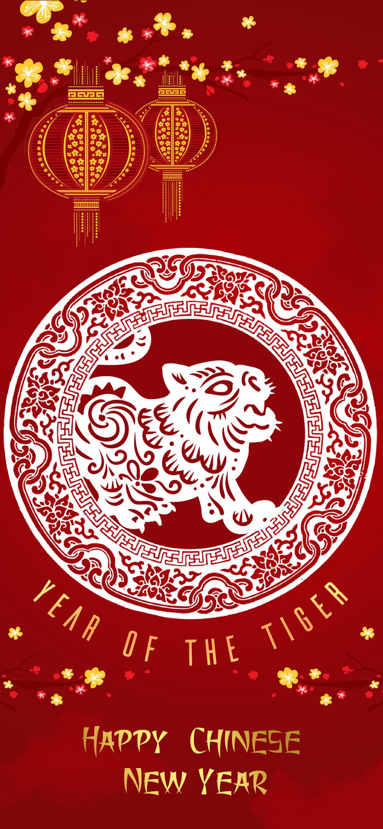 New 桌布 壁紙 — 一張充滿活力的紅色桌布，以圓形框架展示白色剪紙老虎，配以金色燈籠和花朵，慶祝農曆新年。