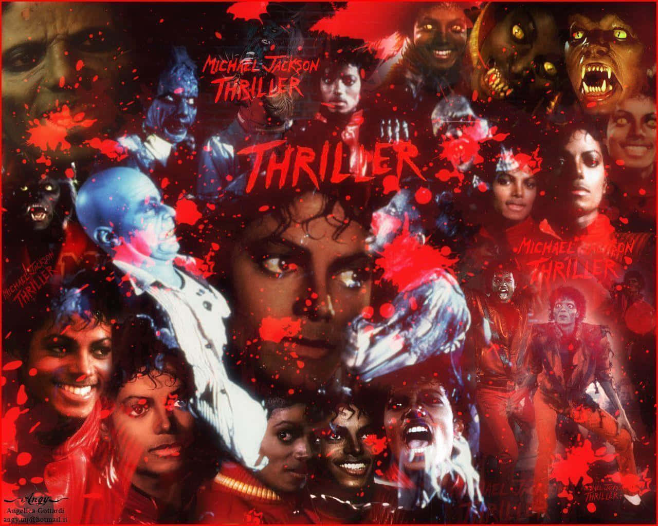 Michael Jackson Thriller 桌布 壁紙 — 一張充滿活力的紅色潑濺拼貼畫， featuring Michael Jackson 來自他的 Thriller 音樂錄影帶，有殭屍和跳舞的人物。