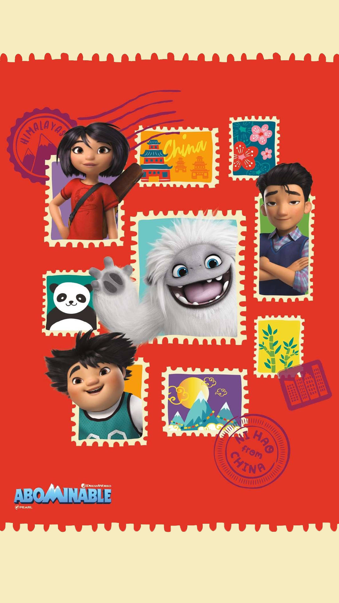 電影動圖 桌布 壁紙 — 一張充滿活力的紅色郵票拼貼畫， featuring 來自《雪人奇緣》的動畫角色，包括雪怪和中國地標。