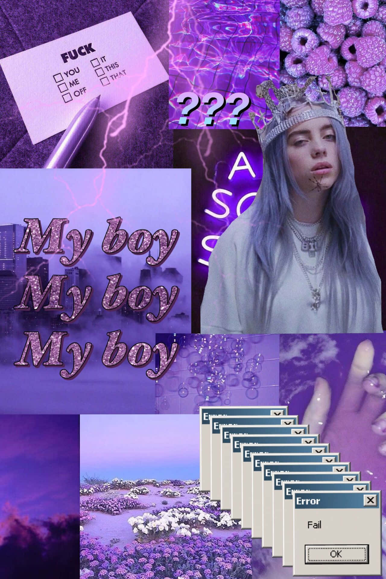 Billie Eilish Purple 桌布 壁紙 — 一張充滿活力的紫色拼貼畫，以 Billie Eilish、錯誤彈出視窗、花朵和故障文字為特色，呈現混亂的數位美學。