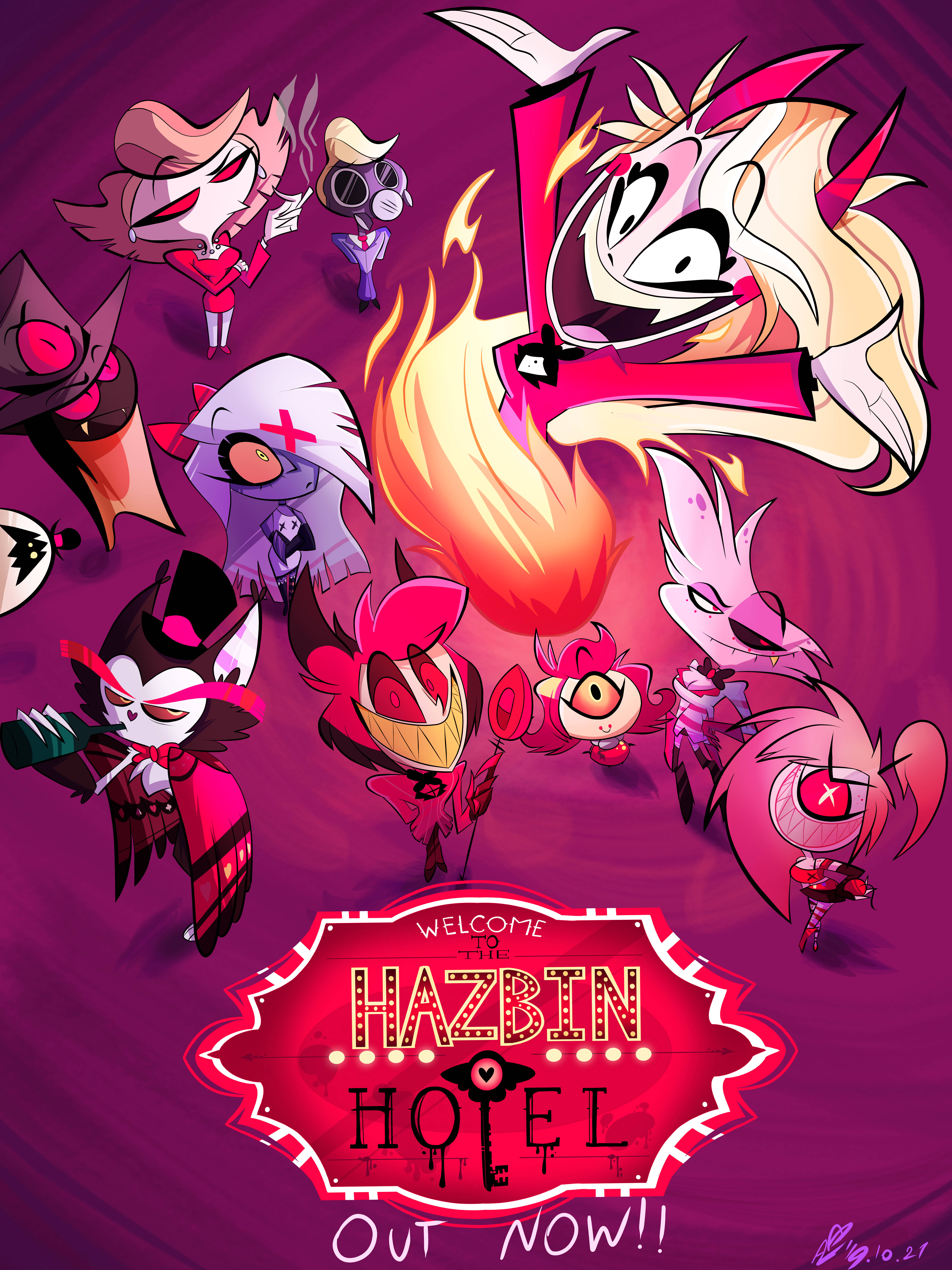 Hazbin Hotel 桌布 壁紙 — 一張充滿活力的紫色海報，上面有來自 Hazbin Hotel 的動畫惡魔角色，帶有火熱的點綴和發光的標誌。