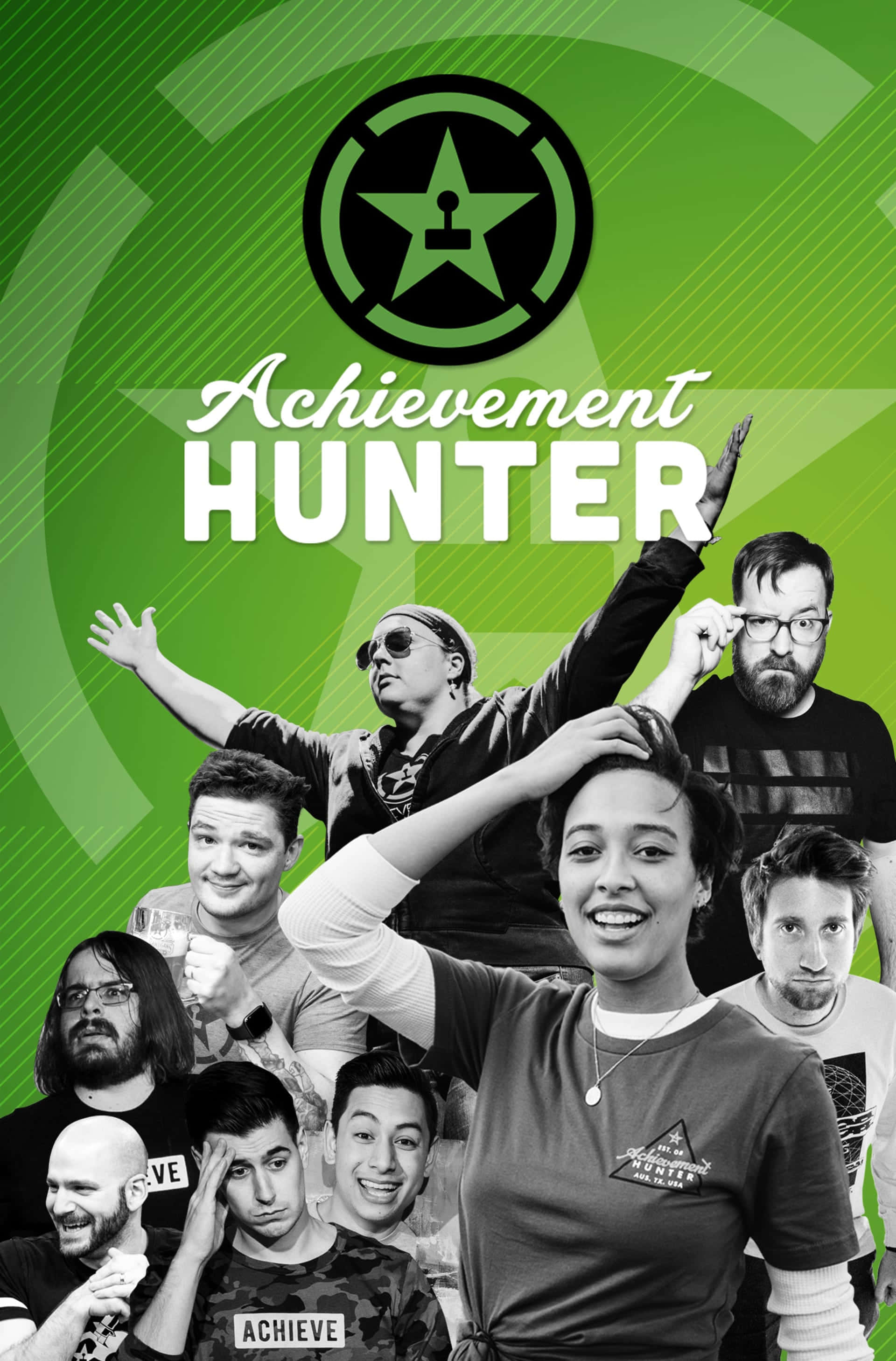 achievement hunter 桌布 壁紙 — 一張充滿活力的綠色圖形海報，中央有一個星星標誌，上面寫著「Achievement Hunter」，周圍是微笑且表情豐富的人們的拼貼畫。