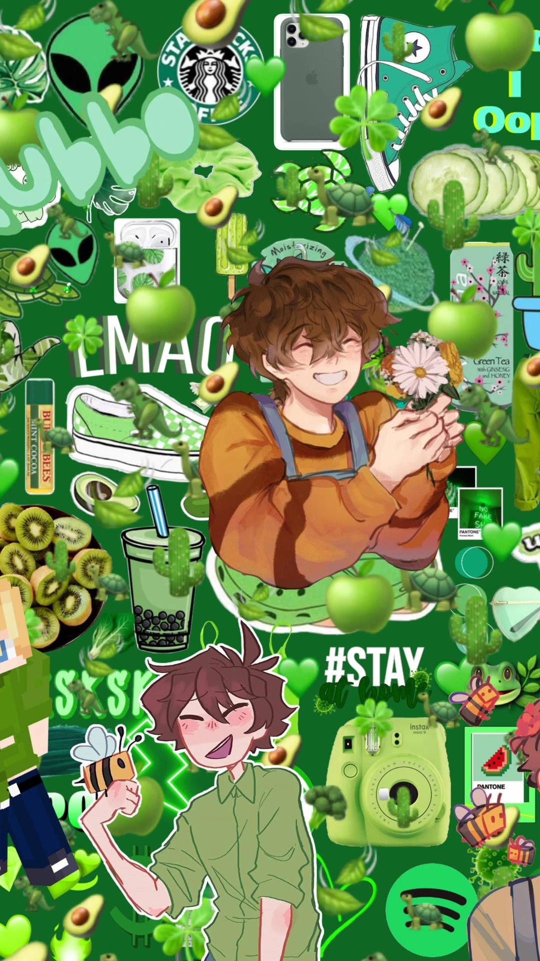 手機 桌布 壁紙 — 一張充滿活力的綠色拼貼壁紙， featuring 動漫角色手持鮮花，周圍環繞著酪梨奇異果飲料、外星人圖標和品牌貼紙。