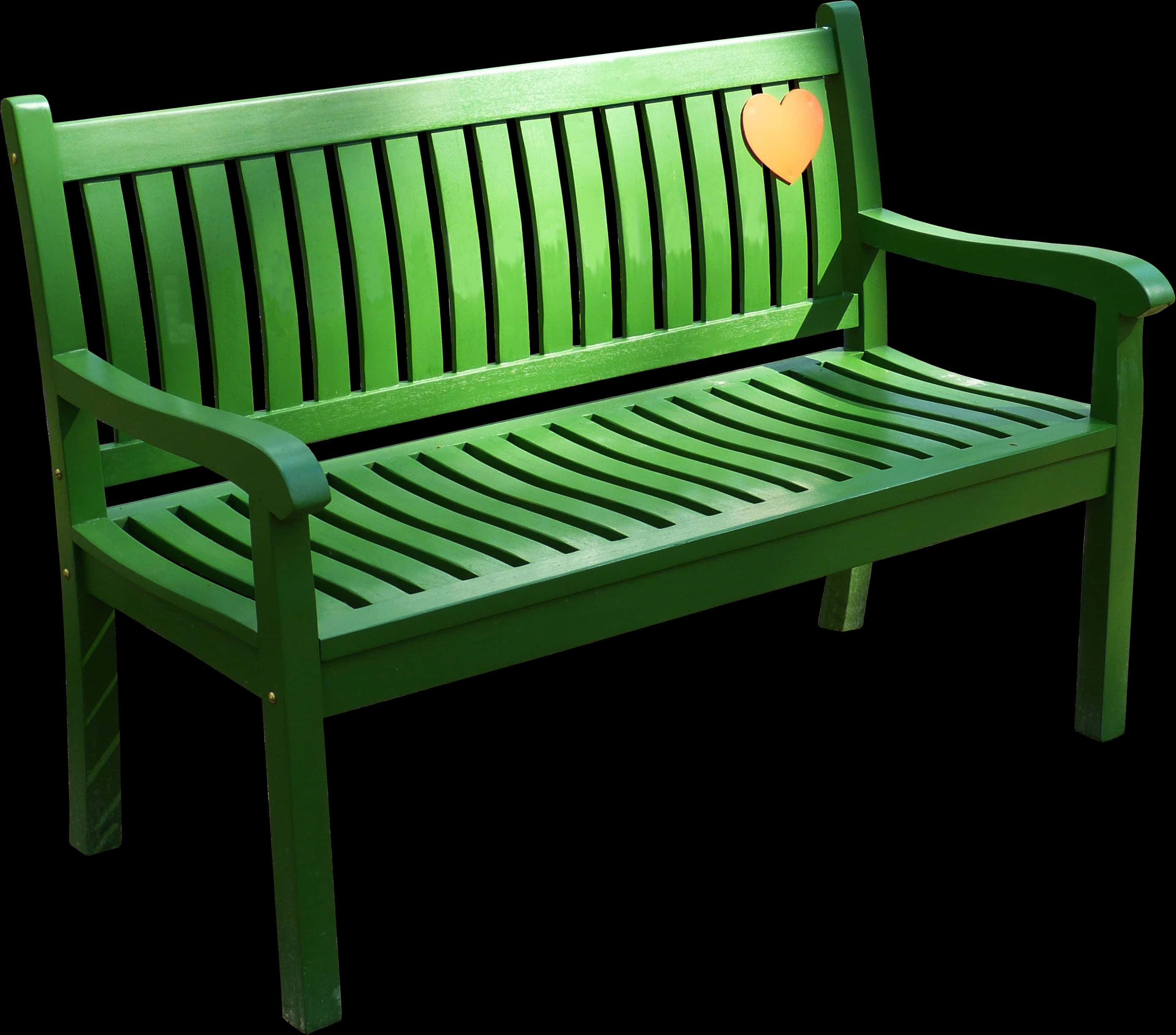 Park Bench 桌布 壁紙 — 一張充滿活力的綠色木長凳，掛著一個心形標籤，懸掛在純黑色背景上。