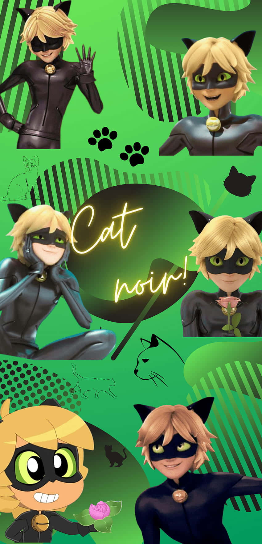 Best 桌布 壁紙 — 一張充滿活力的綠色桌布拼貼畫，展示動畫角色 Cat Noir 穿著黑色貓咪主題服裝的多個姿勢。