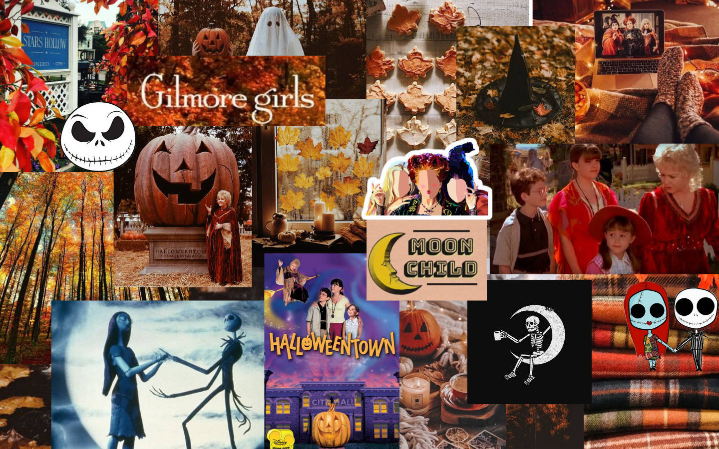 Aesthetic Halloween Laptop 桌布 壁紙 — 一張充滿活力的萬聖節拼貼畫， featuring Jack Skellington、Gilmore Girls，以及帶有南瓜和樹葉的詭異秋季場景。