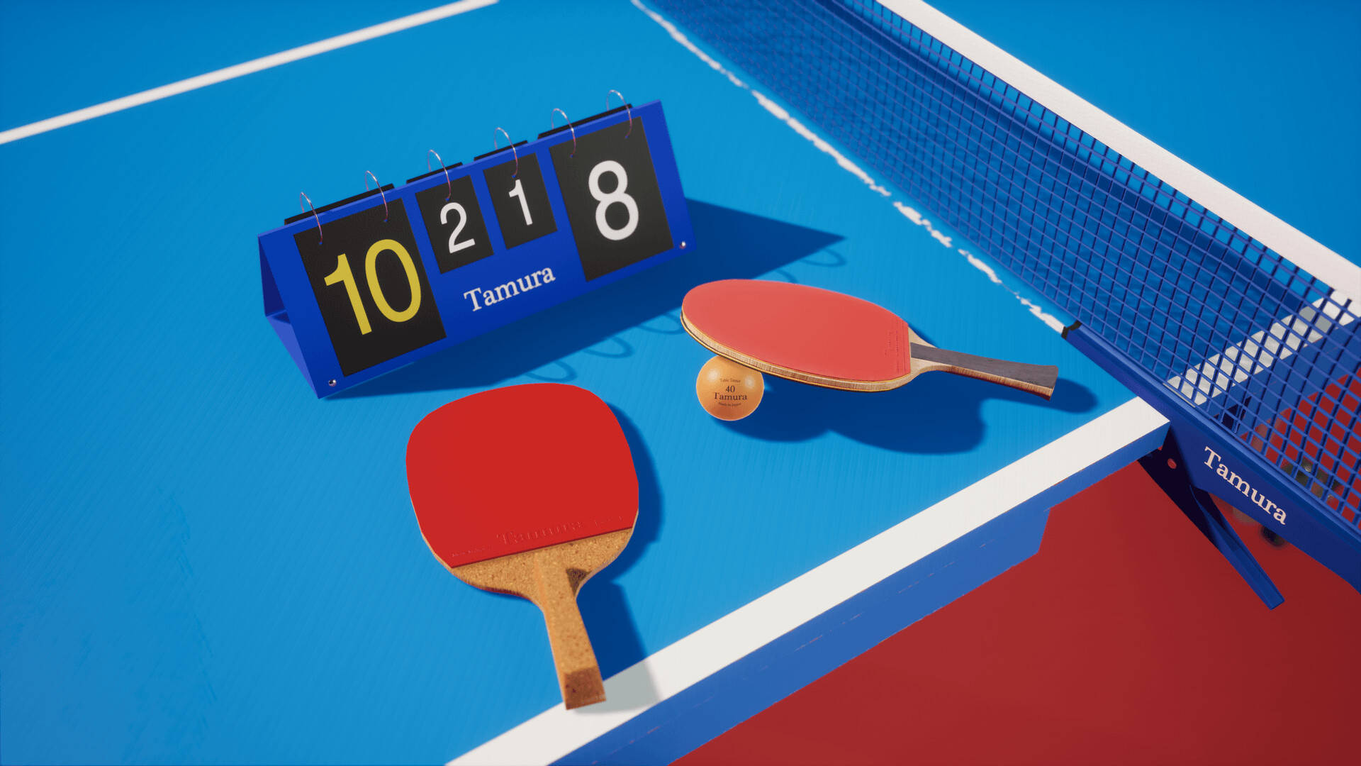 Table Tennis 桌布 壁紙 — 一張充滿活力的藍色乒乓球桌，配有紅色球拍和一個球，靠近顯示10比21 8的計分板。