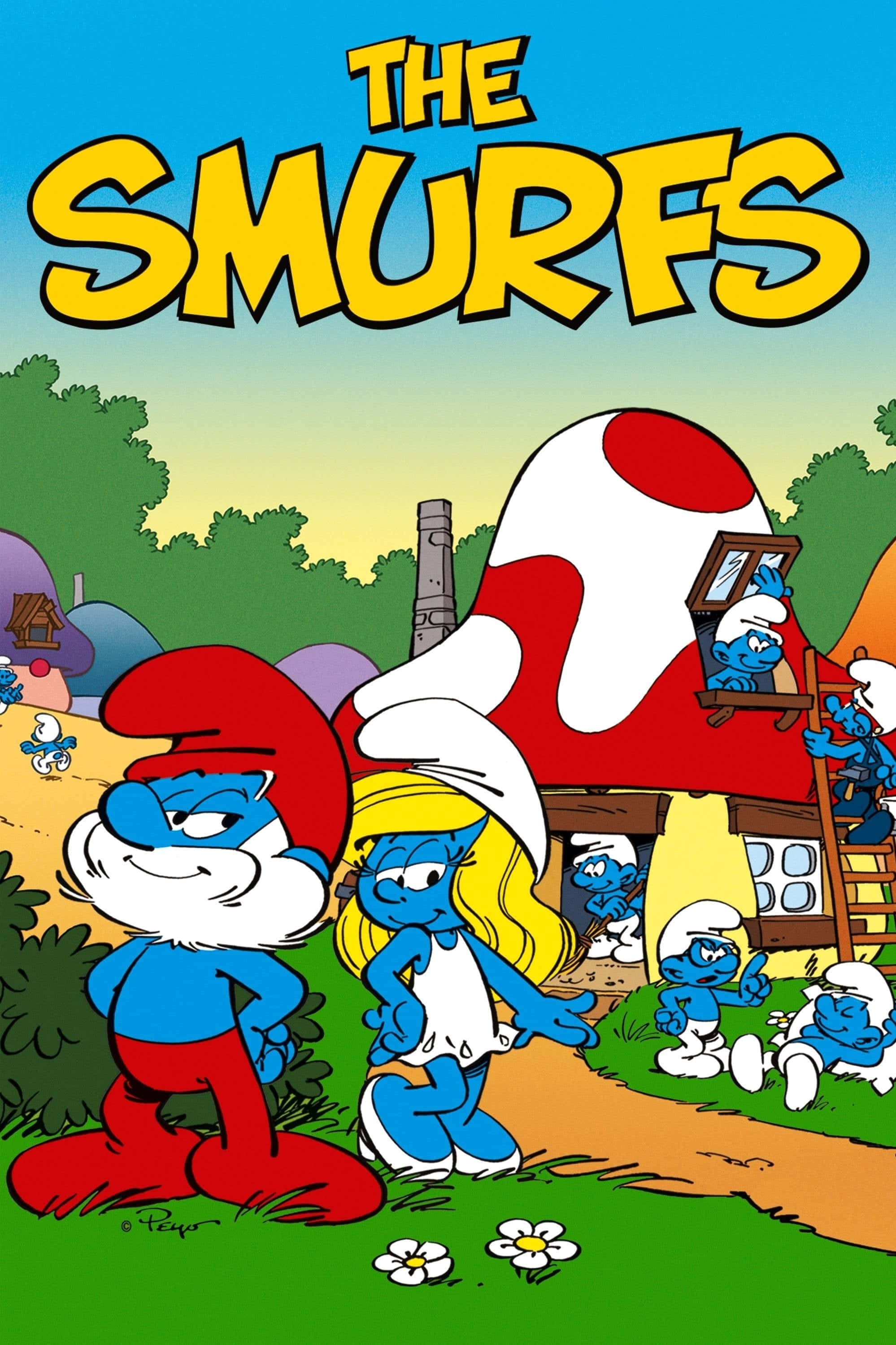 Smurf 桌布 壁紙 — 一張充滿活力的藍色小精靈卡通海報，藍色角色在蘑菇屋中，天空晴朗。