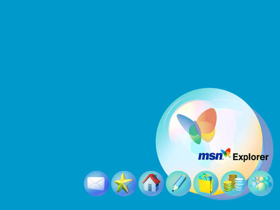 msn 桌布 壁紙 — 一張充滿活力的藍色桌面背景，MSN Explorer 標誌位於發光球體內，下方有彩色圖標。