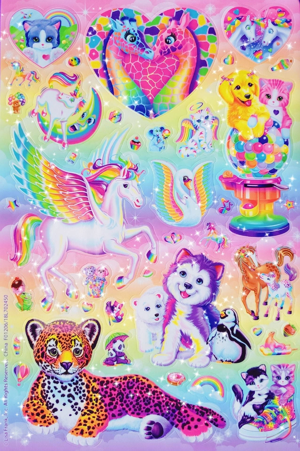 Cheetah 桌布 壁紙 — 一張充滿活力的貼紙，上面有彩虹色的獨角獸、閃閃發光的貓咪和俏皮的動物，背景是粉彩漸變色。