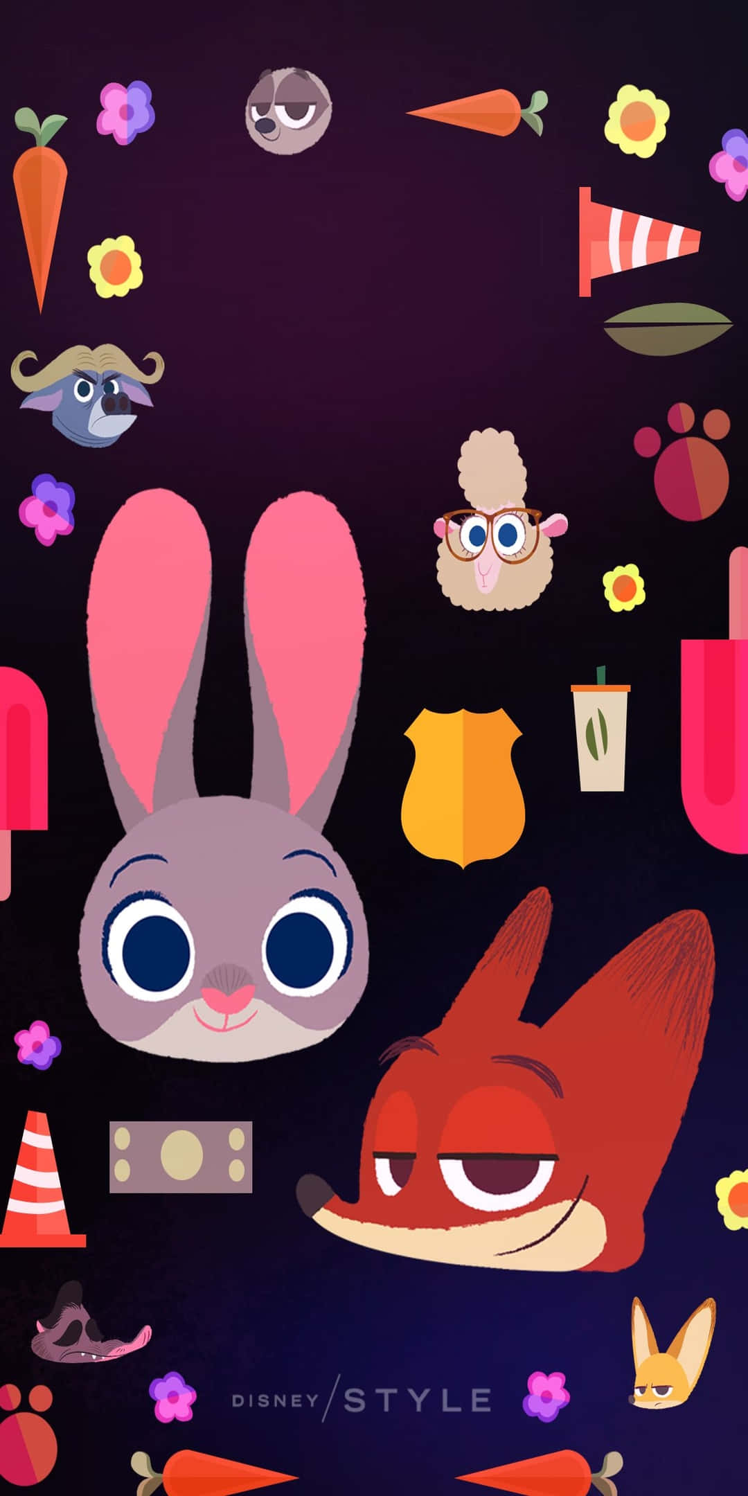 Pixel 3 Disney 桌布 壁紙 — 一張充滿活力的迪士尼動物方城市桌布， featuring Judy Hopps 和 Nick Wilde，周圍散落著胡蘿蔔、花朵和警徽，背景為深紫色。