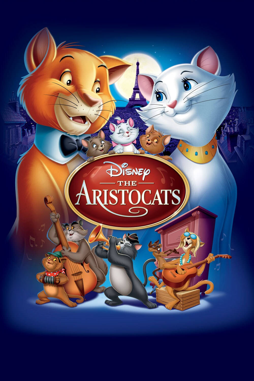 aristocats 桌布 壁紙 — 一張充滿活力的迪士尼動畫海報，描繪了貴族貓樂隊在滿月下演奏樂器，背景是艾菲爾鐵塔。