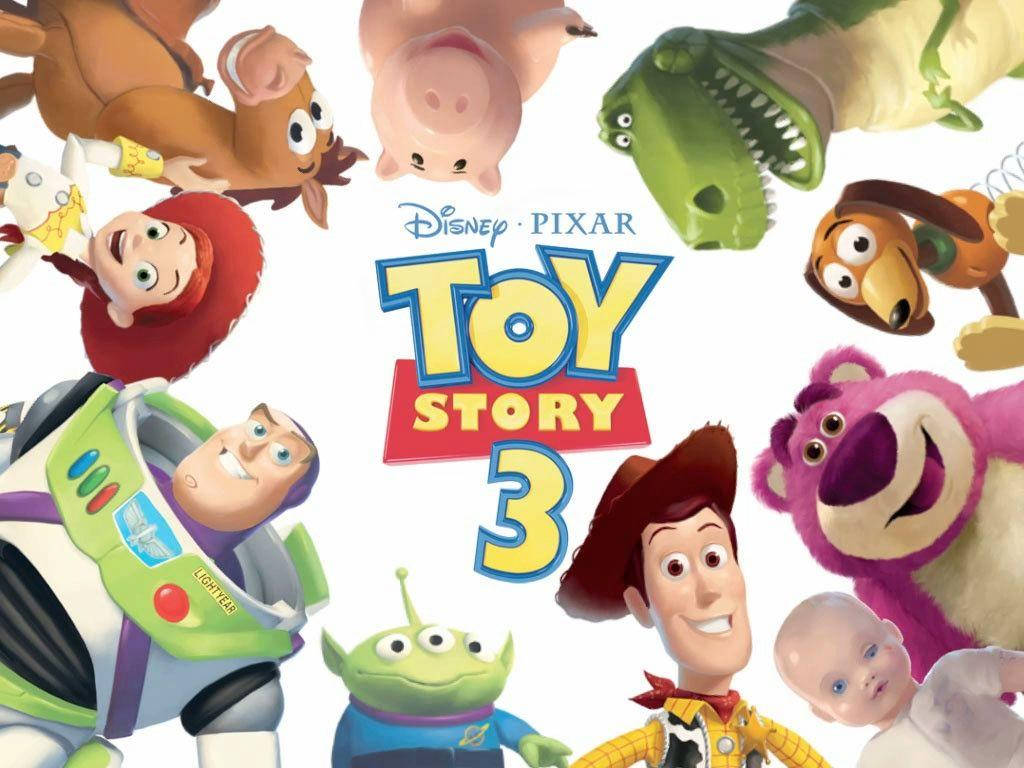 Toy Story 3 桌布 壁紙 — 一張充滿活力的迪士尼皮克斯《玩具總動員3》海報， featuring 深受喜愛的動畫玩具如胡迪、巴斯光年和勞蘇圍繞標題排列。