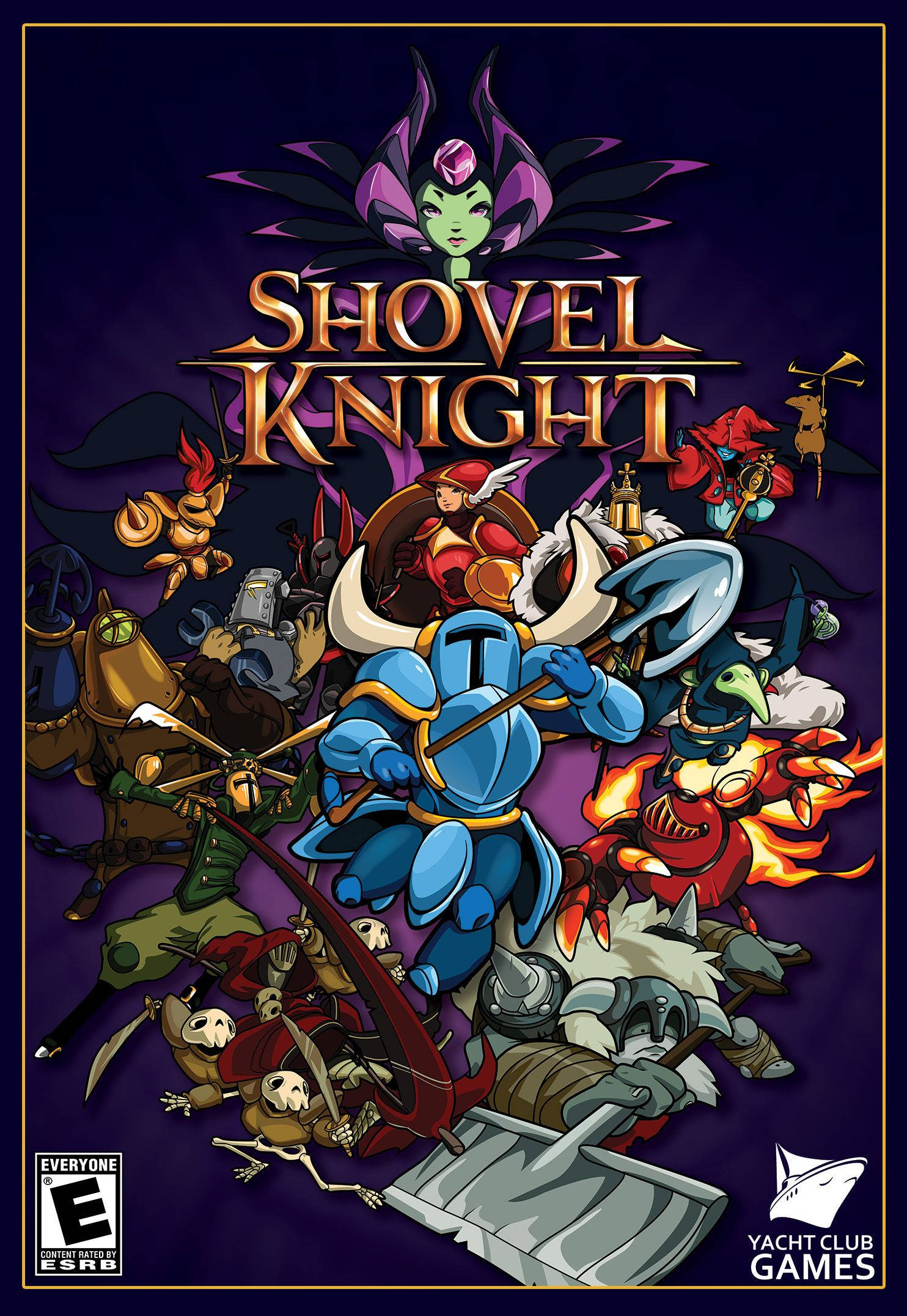 Shovel 桌布 壁紙 — 一張充滿活力的遊戲海報， featuring Shovel Knight 和盟友在深紫色背景下與色彩繽紛的敵人進行動態戰鬥。