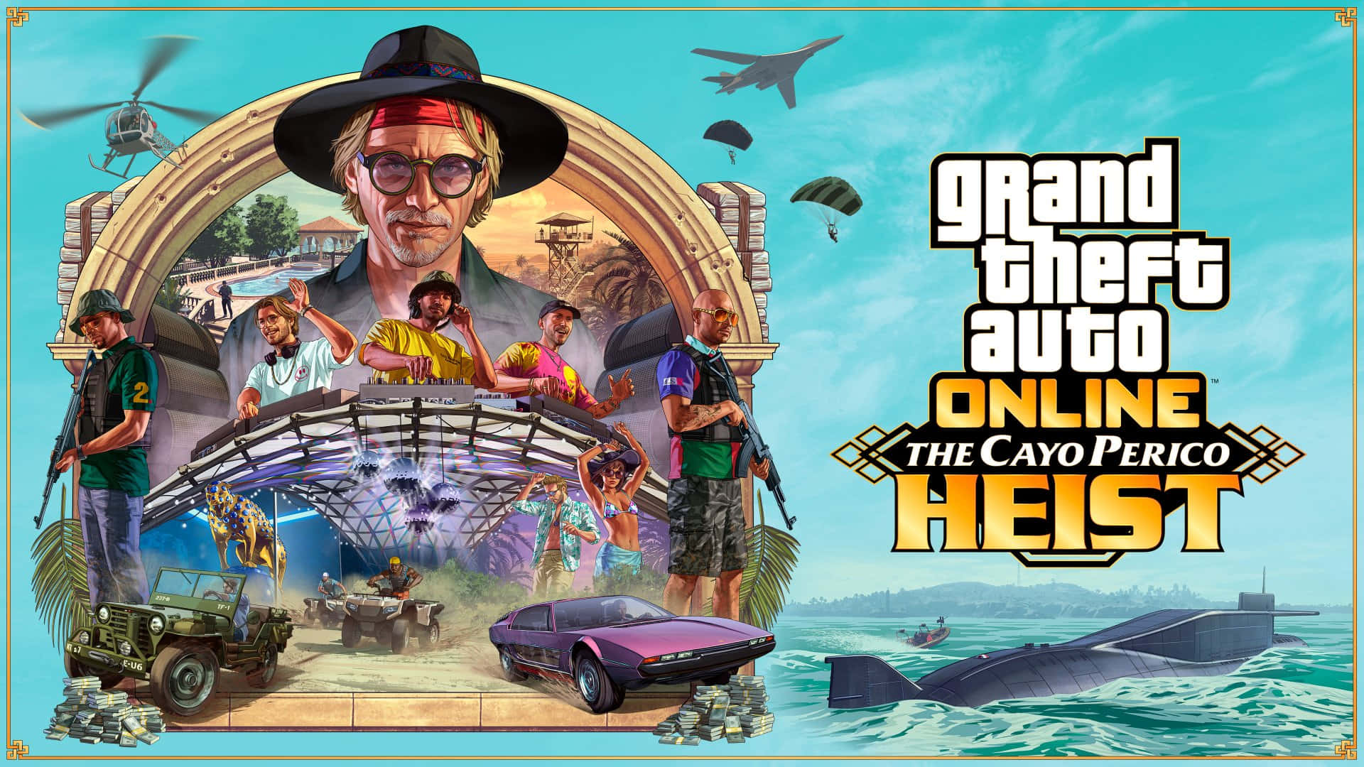 Gta Online 桌布 壁紙 — 一張充滿活力的遊戲海報，展示《Grand Theft Auto Online：The Cayo Perico Heist》中的角色、車輛和潛艇，背景為熱帶風光。