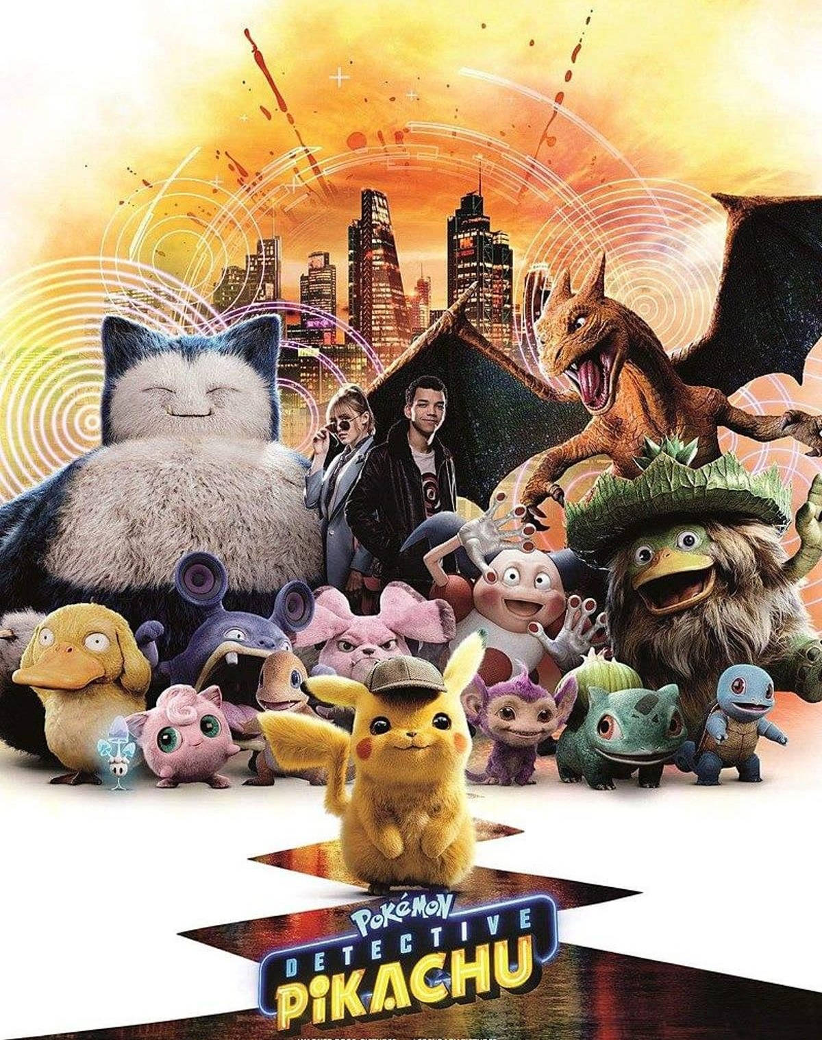 寶可夢 桌布 壁紙 — 一張充滿活力的電影海報， featuring Detective Pikachu 和一組寶可夢角色，背景是發光的未來城市景觀。