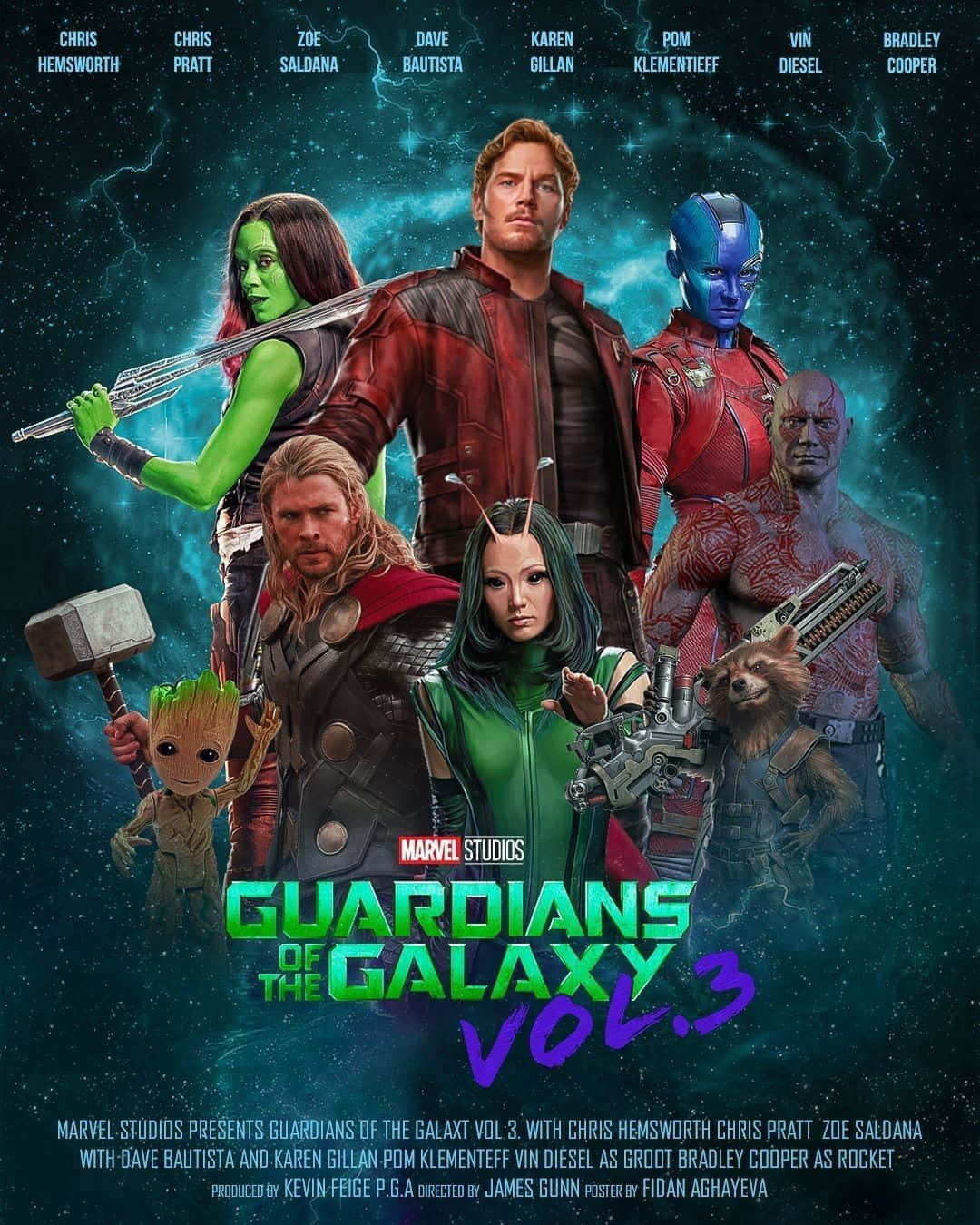 Guardians Of The Galaxy 3 桌布 壁紙 — 一張充滿活力的電影海報，以星際異攻隊團隊為特色，背景是宇宙星空。