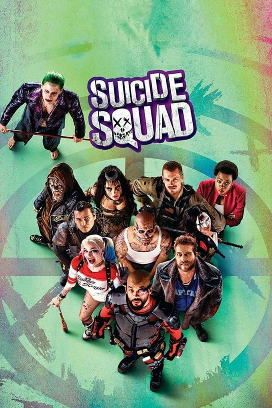The Suicide Squad 桌布 壁紙 — 一張充滿活力的電影海報，自殺突擊隊團隊以動態姿勢呈現在塗鴉風格的綠色背景上。