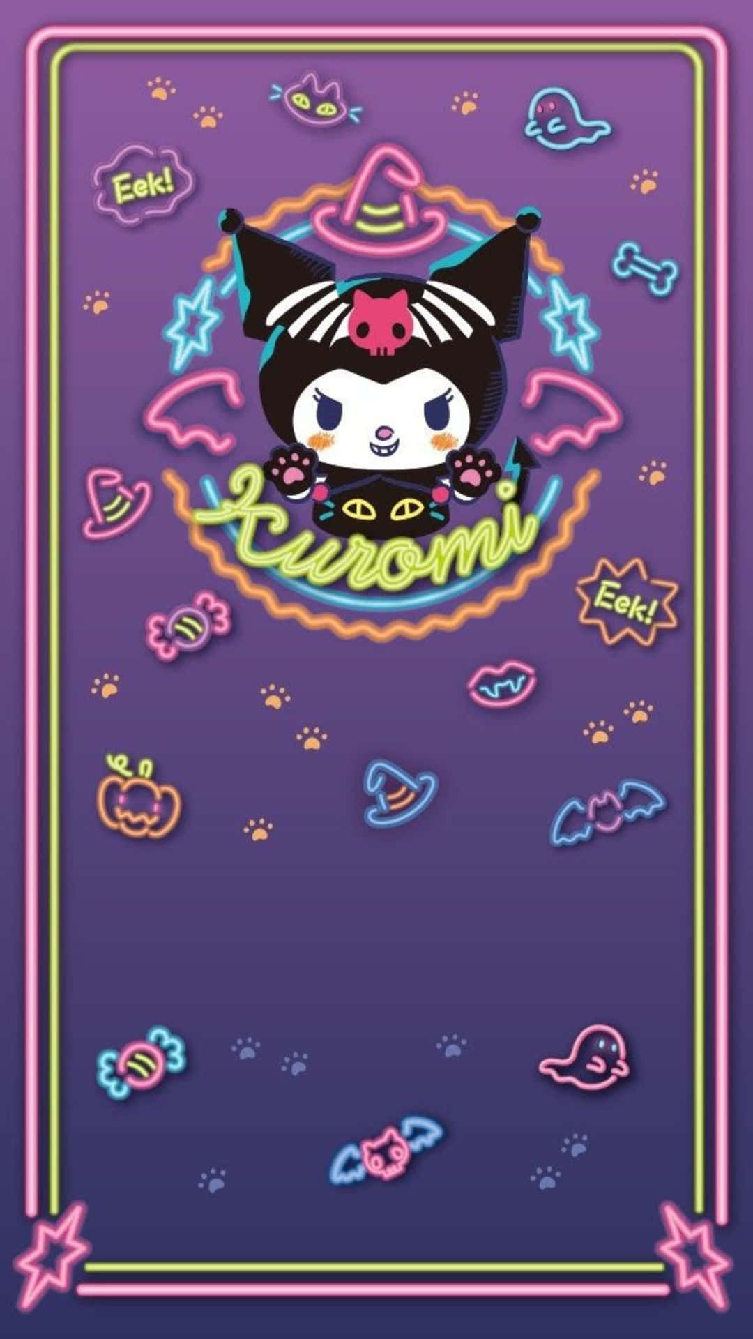 Kuromi Halloween 桌布 壁紙 — 一張充滿活力的霓虹萬聖節主題桌布，Kuromi 戴著巫師帽，周圍環繞著發光的糖果蝙蝠和星星，背景為紫色漸層。