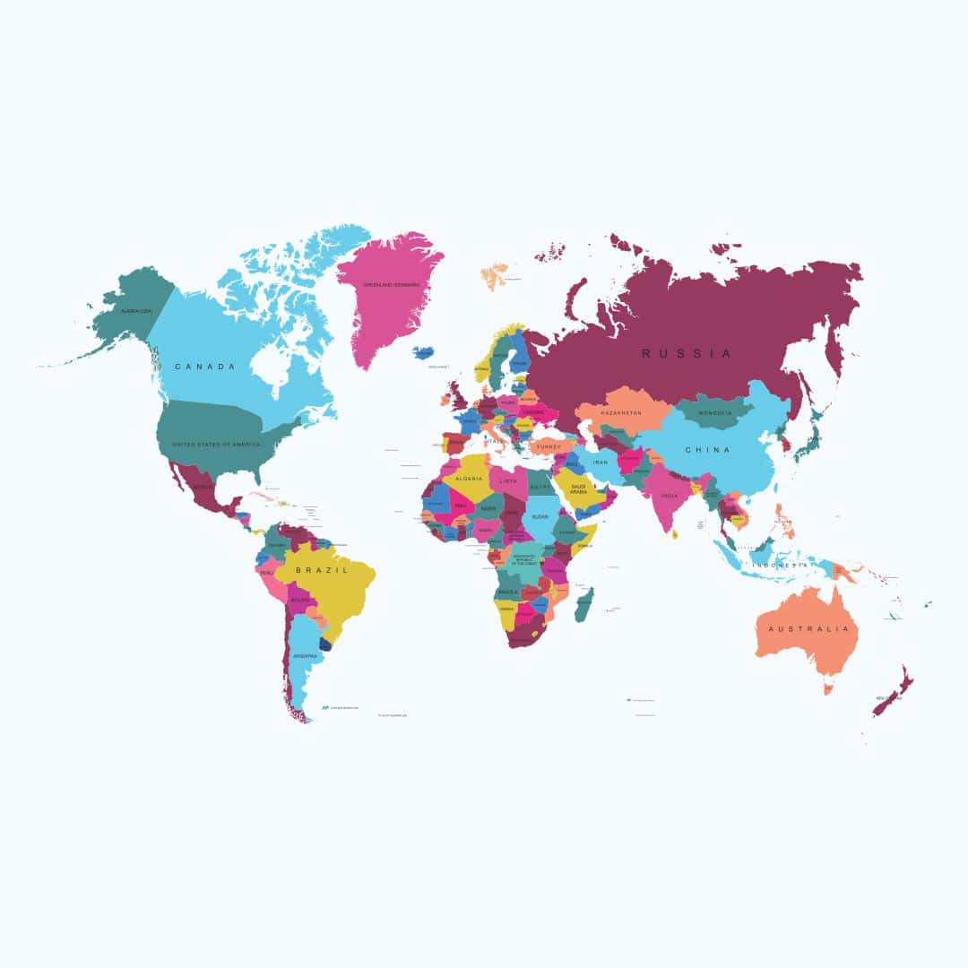World 桌布 壁紙 — 一張充滿活力的風格化世界地圖，每個國家以獨特鮮明的顏色呈現於淺色背景上。