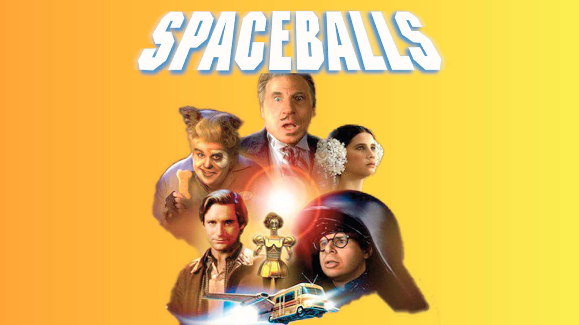spaceballs 桌布 壁紙 — 一張充滿活力的黃色《太空球》電影海報，在漸變背景上展示了五個角色和一艘太空船。