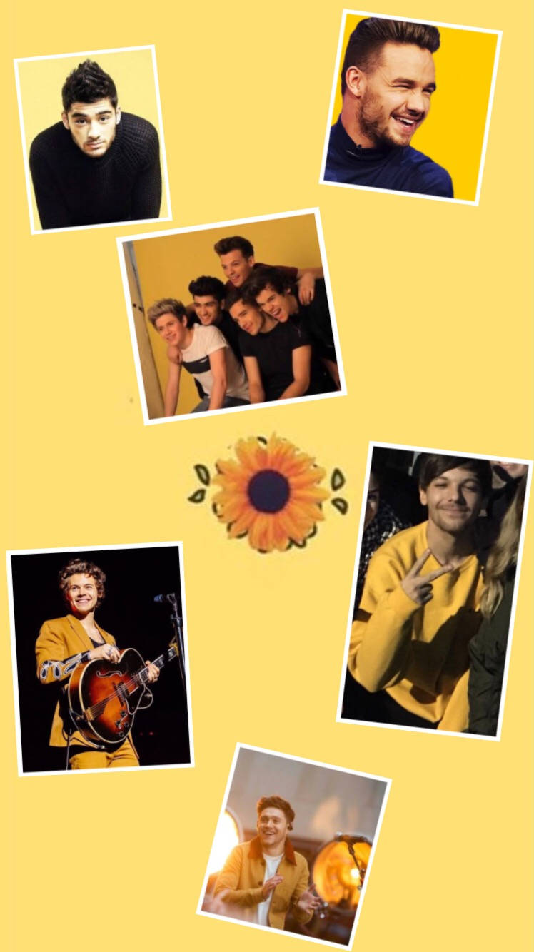 One Direction Aesthetic 桌布 壁紙 — 一張充滿活力的黃色拼貼照片，包含One Direction成員和向日葵圖案。