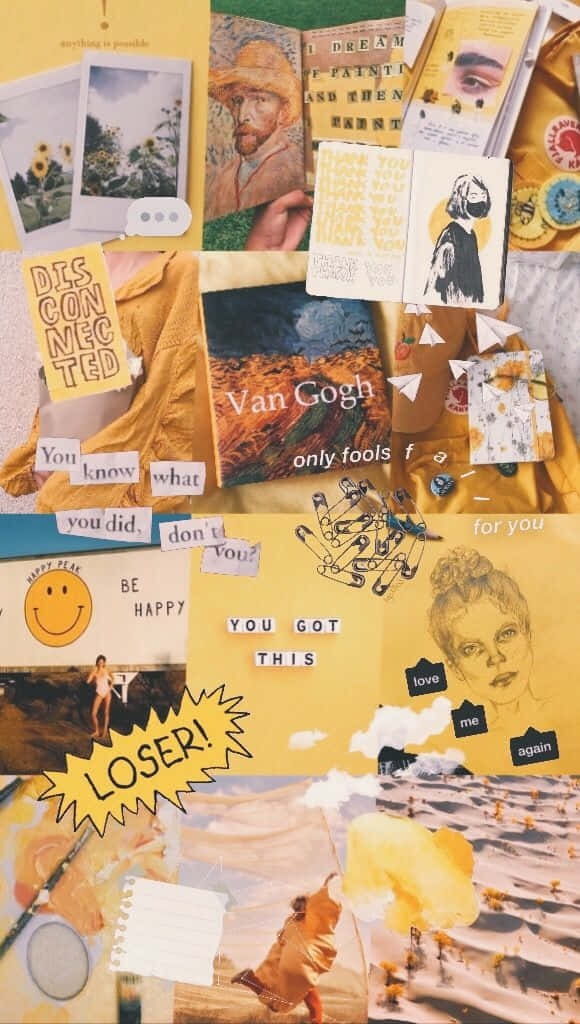 Yellow Aesthetic Collage 桌布 壁紙 — 一張充滿活力的黃色拼貼畫，包含照片、語錄、藝術和塗鴉，營造出混亂但鼓舞人心的情緒板。