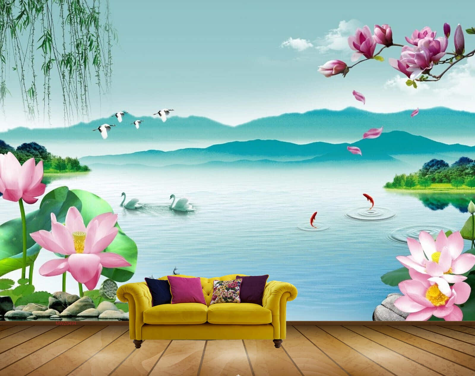lotus 桌布 壁紙 — 一張充滿活力的黃色沙發面向一幅寧靜的湖景壁畫，畫中有粉紅色的蓮花、天鵝和遠山，天空晴朗。