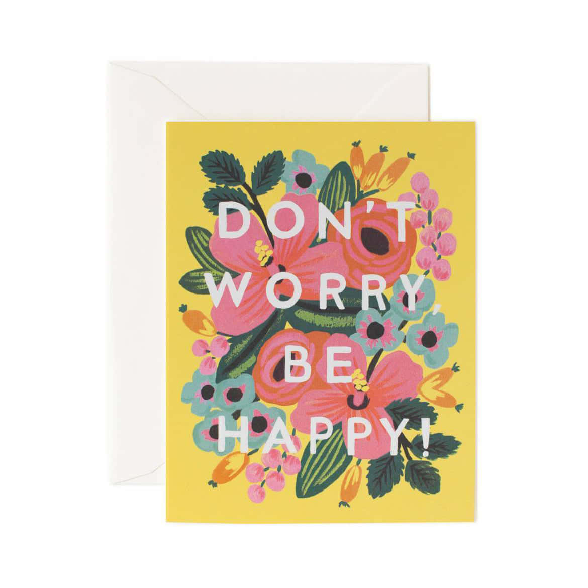Dont Worry Be Happy 桌布 壁紙 — 一張充滿活力的黃色賀卡，上面有粗體白色文字寫著「DON'T WORRY BE HAPPY!」，周圍環繞著色彩繽紛的風格化花朵和葉子。