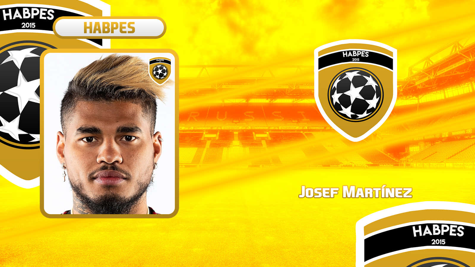 足球 桌布 壁紙 — 一張充滿活力的黃色運動卡， featuring Josef Martínez，背景為體育場，並帶有 HABPES 2015 品牌標識。