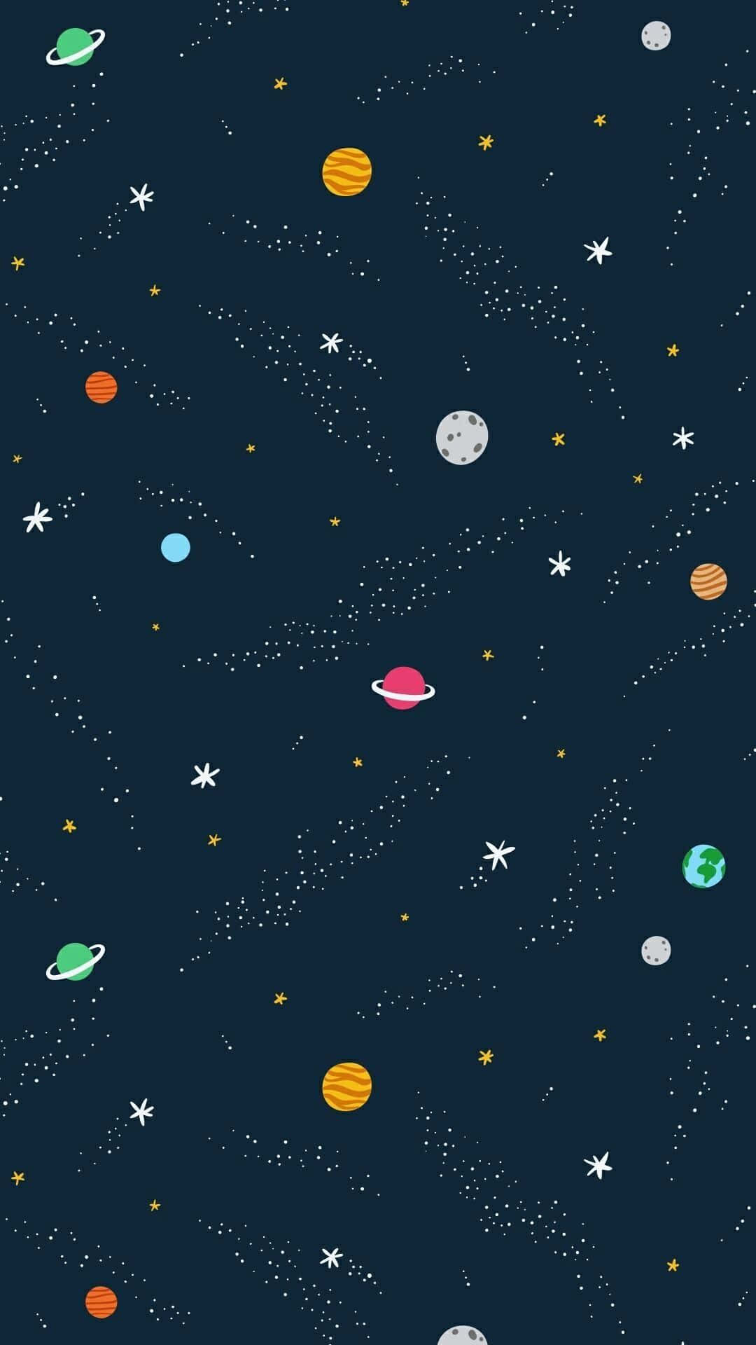 Animated Space 桌布 壁紙 — 一張充滿玩味的宇宙風格桌布，深藍色太空背景上散落著色彩繽紛的卡通行星、星星和流星。