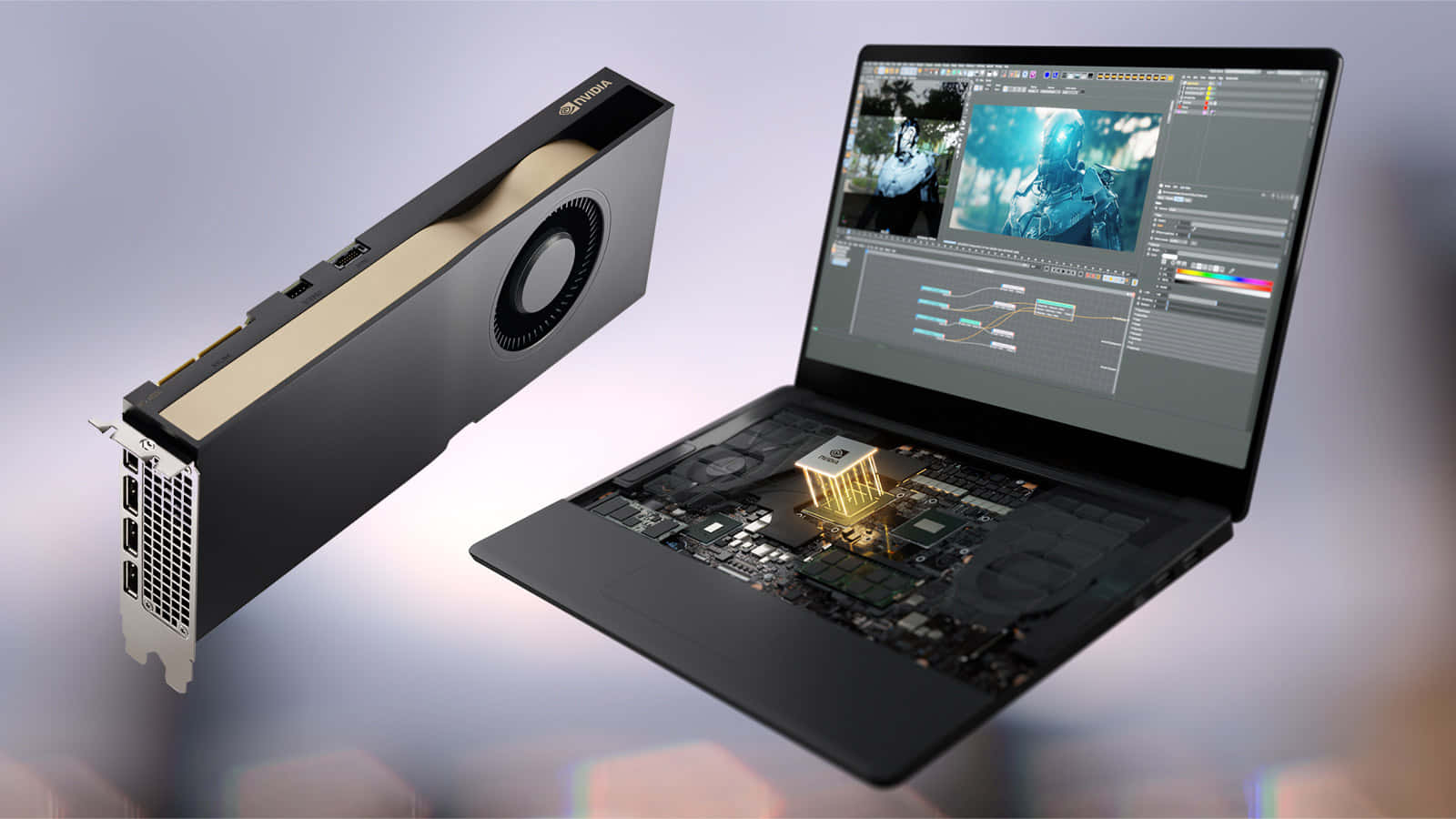 nvidia 桌布 壁紙 — 一張光滑的黑色NVIDIA顯示卡懸浮在打開的筆記型電腦旁邊，揭示其內部金色處理器和螢幕上的編輯軟體。