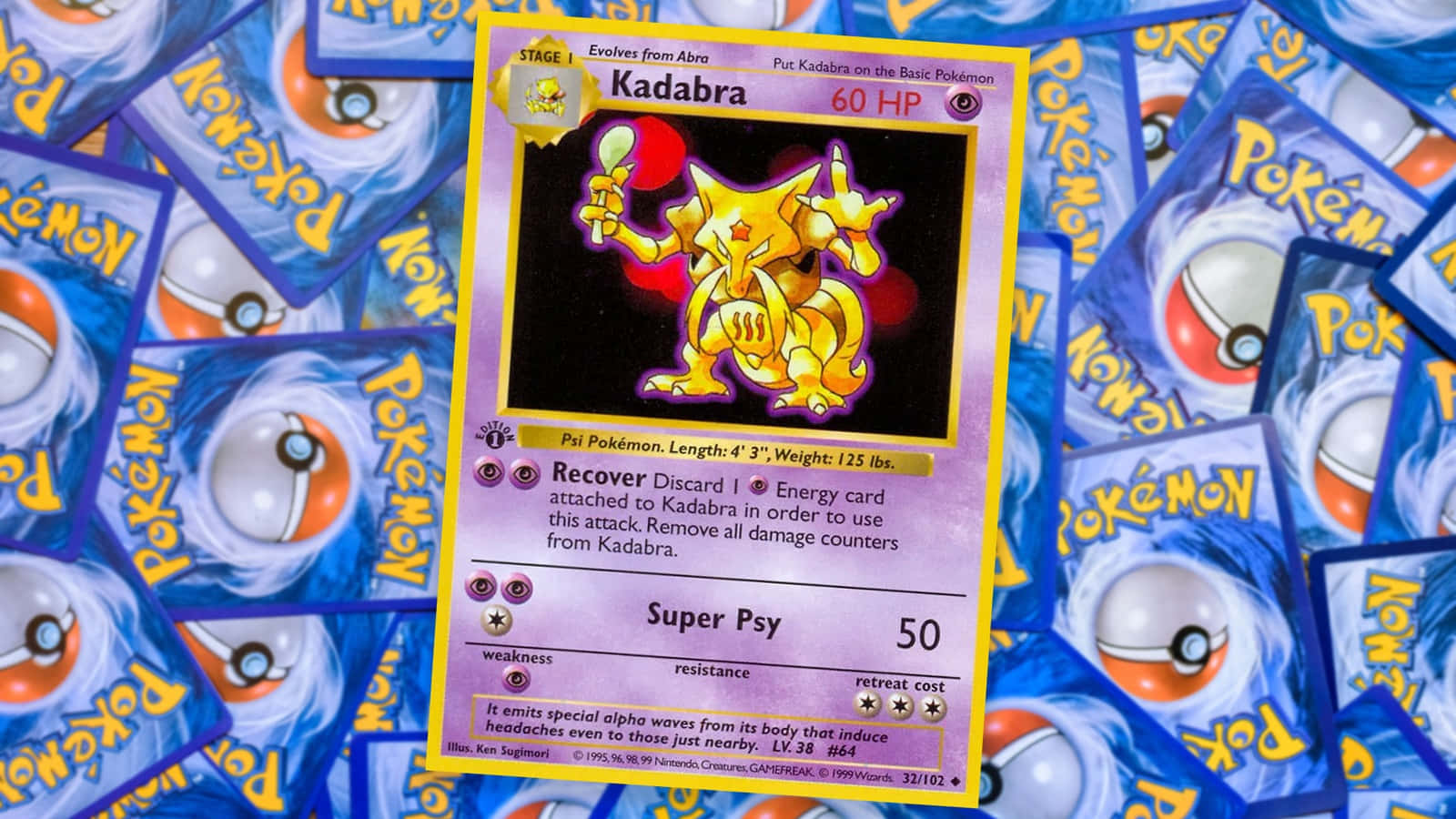 Pokemon Card 桌布 壁紙 — 一張凱西寶可夢卡牌在散落著精靈球主題卡牌的鮮豔藍色背景上脫穎而出。