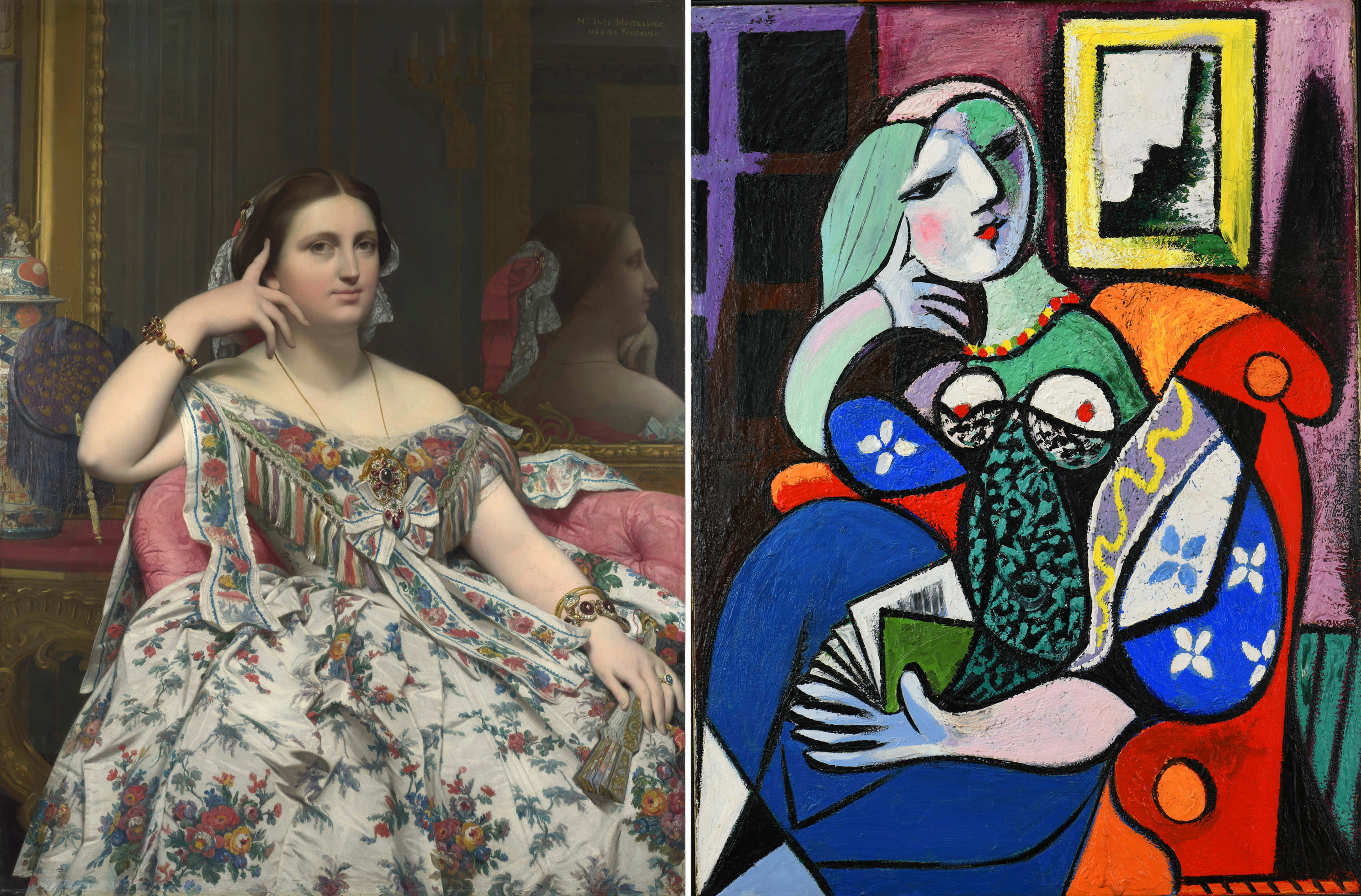 Picasso 桌布 壁紙 — 一張分割圖像，展示一位穿著華麗服飾的女性古典肖像，旁邊是一幅以碎片化色彩描繪坐姿女性的立體派畫作。