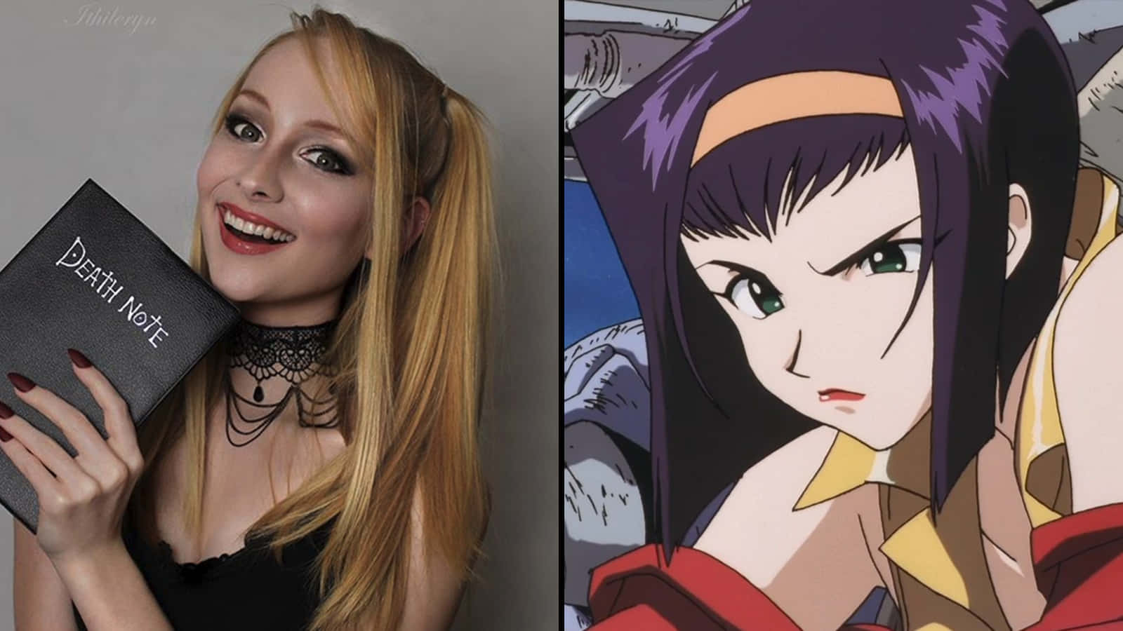 Faye Valentine 桌布 壁紙 — 一張分割圖片，顯示一名穿著角色扮演的女性手持死亡筆記，旁邊是一個紫色頭髮和綠色眼睛的動漫角色。