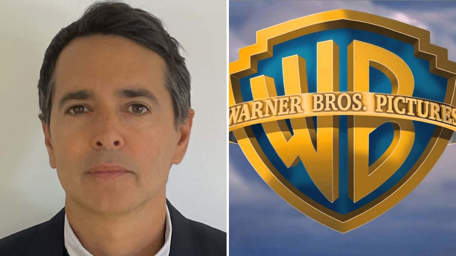 Warner Bros 桌布 壁紙 — 一張分割圖片，顯示一名身穿西裝的男子站在華納兄弟影業標誌旁邊，背景是多雲的天空。