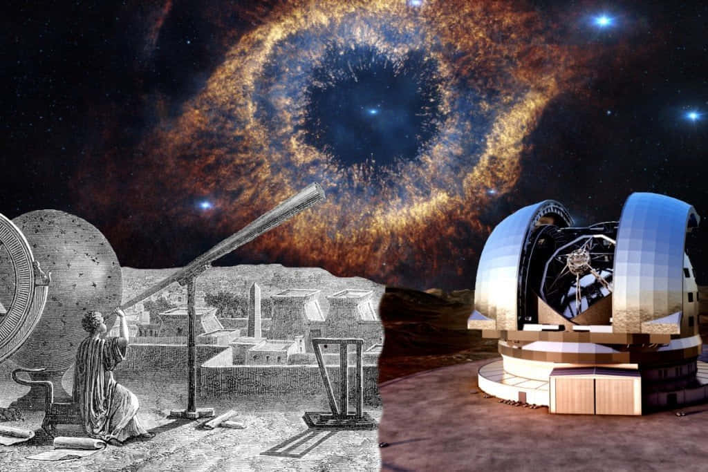 astronomy 桌布 壁紙 — 一張分割圖片將一位歷史天文學家與古老望遠鏡對比宇宙星雲中的現代天文台。