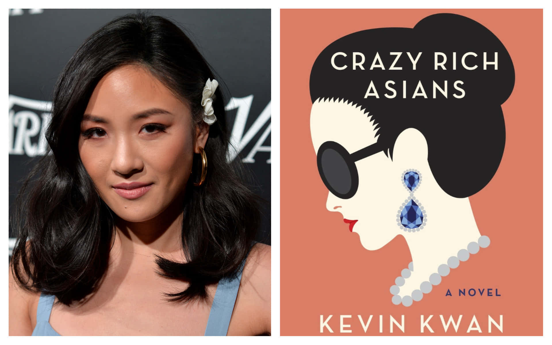 Crazy Rich Asians 桌布 壁紙 — 一張分割圖片顯示一位深色頭髮、戴著金色耳環的女性，旁邊是《瘋狂亞洲富豪》的插圖封面，封面中有一位戴著太陽眼鏡和珍珠的風格化女性。