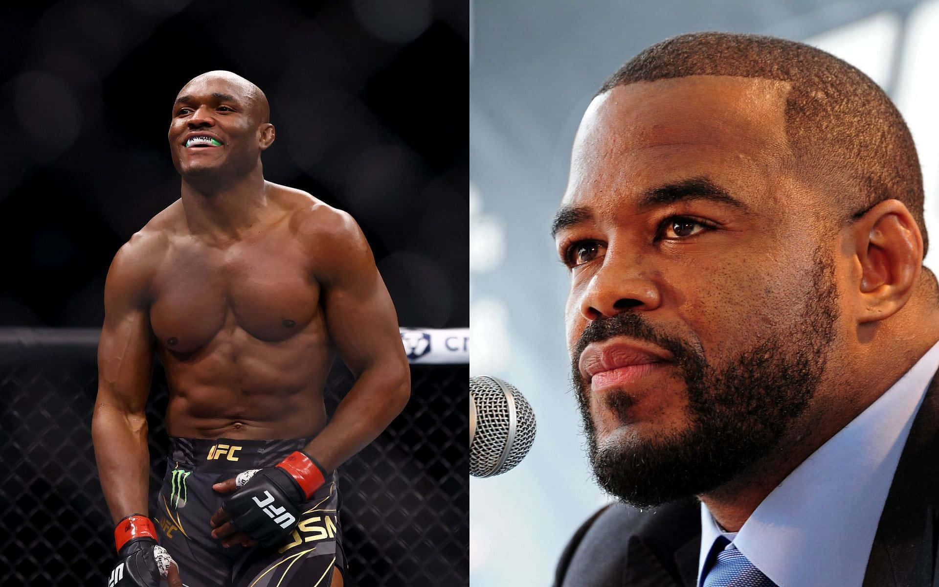 UFC 桌布 壁紙 — 一張分割圖片顯示一個微笑的肌肉MMA拳手在籠中，和一個穿西裝的嚴肅男子對著麥克風說話。