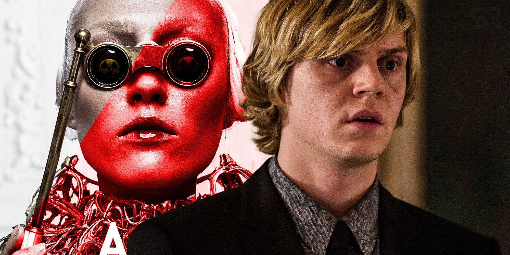Tate Langdon 桌布 壁紙 — 一張分割圖片顯示一個紅色和銀色的半機械人，戴著骷髏鏡片護目鏡，旁邊是一個穿著西裝、看起來驚慌的年輕男子。