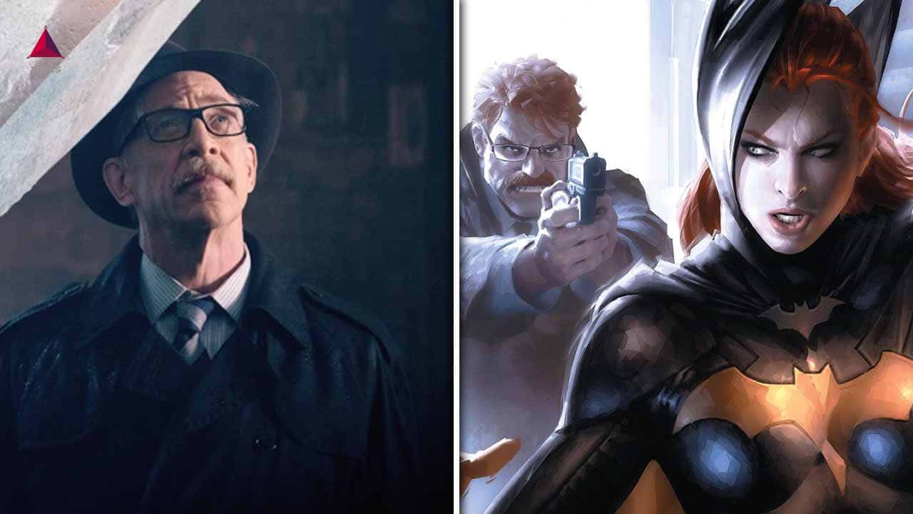Commissioner Gordon 桌布 壁紙 — 一張分割圖片顯示一名穿著風衣的粗獷偵探和一名戴著頭罩、手持槍支的兇猛蝙蝠女俠。