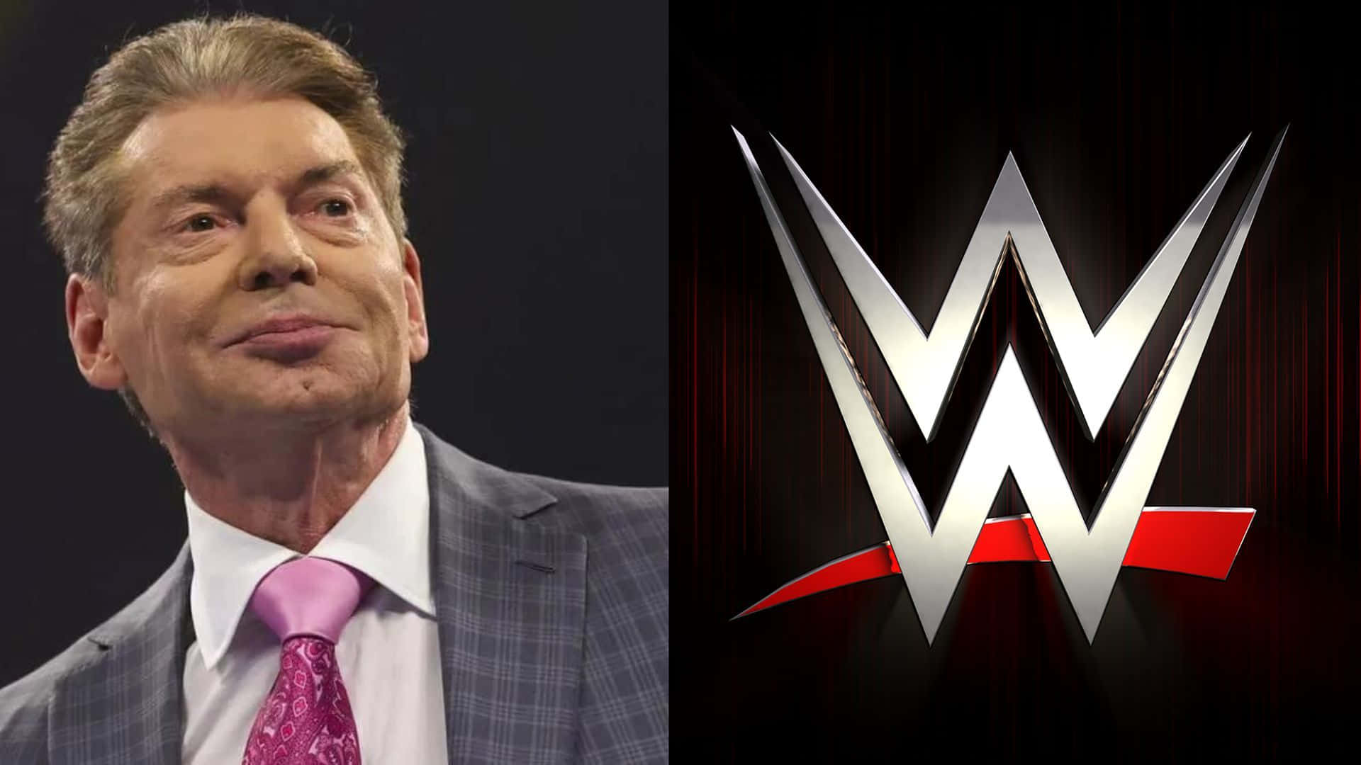 WWE 桌布 壁紙 — 一張分割圖片顯示一名身穿西裝、打粉紅色領帶的男子站在WWE標誌旁邊，背景為深紅色。