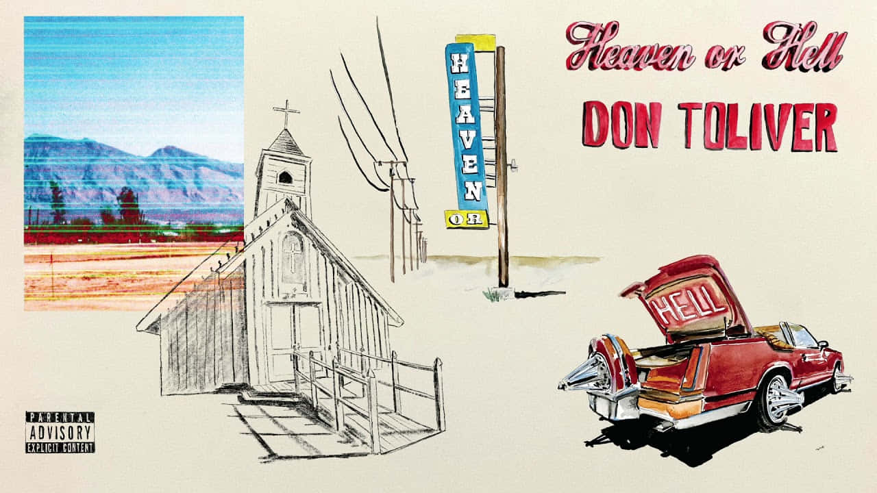 Don Toliver 桌布 壁紙 — 一張分割圖片顯示一座教堂和一個「天堂或地獄」標誌，旁邊有一輛紅色汽車，後車廂裡有「HELL」字樣。