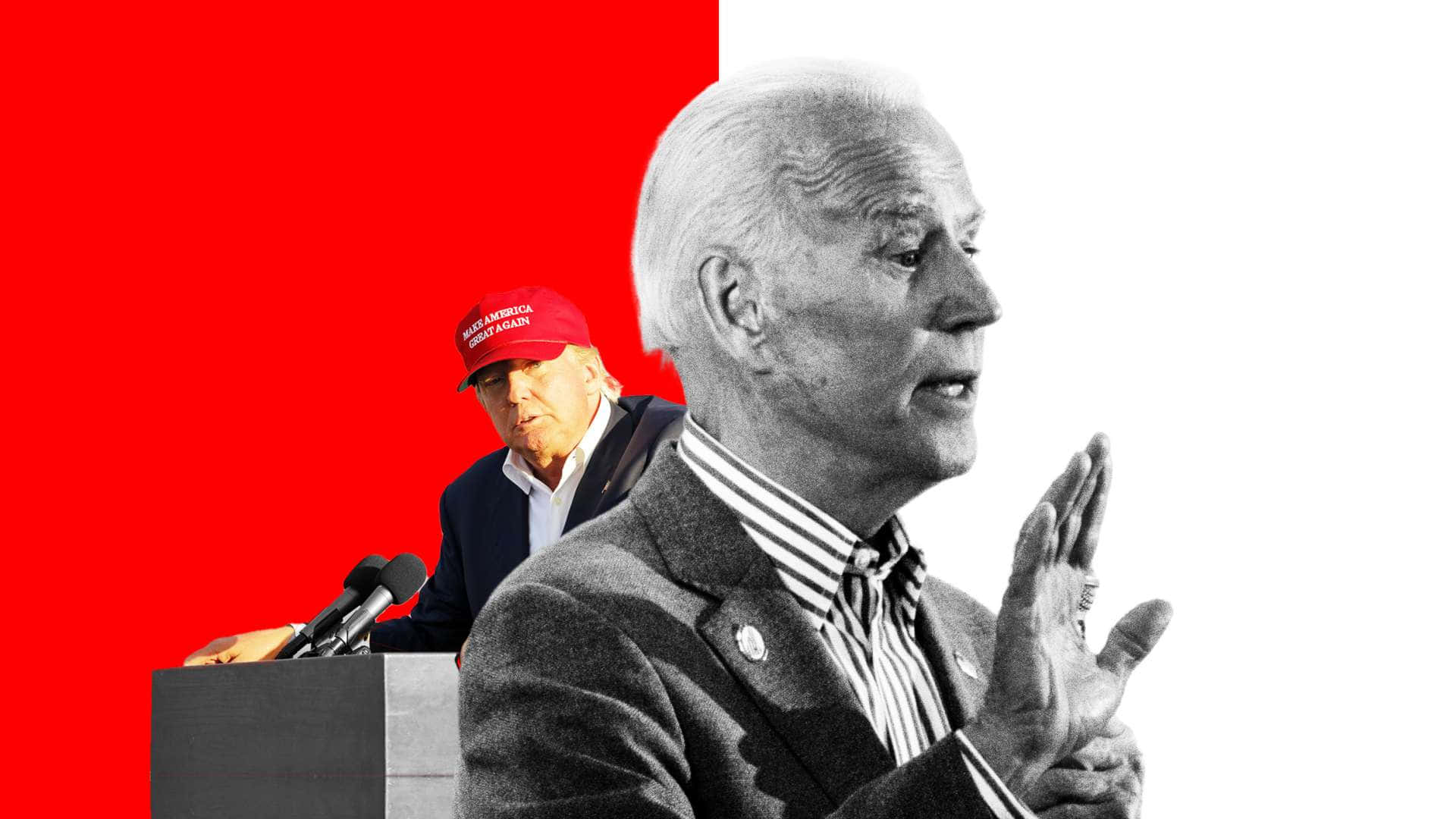 Joe Biden 桌布 壁紙 — 一張分割圖片顯示喬·拜登以黑白畫面發言，而戴著紅色MAGA帽子的唐納德·特朗普站在一個大膽紅色背景的講台後面。