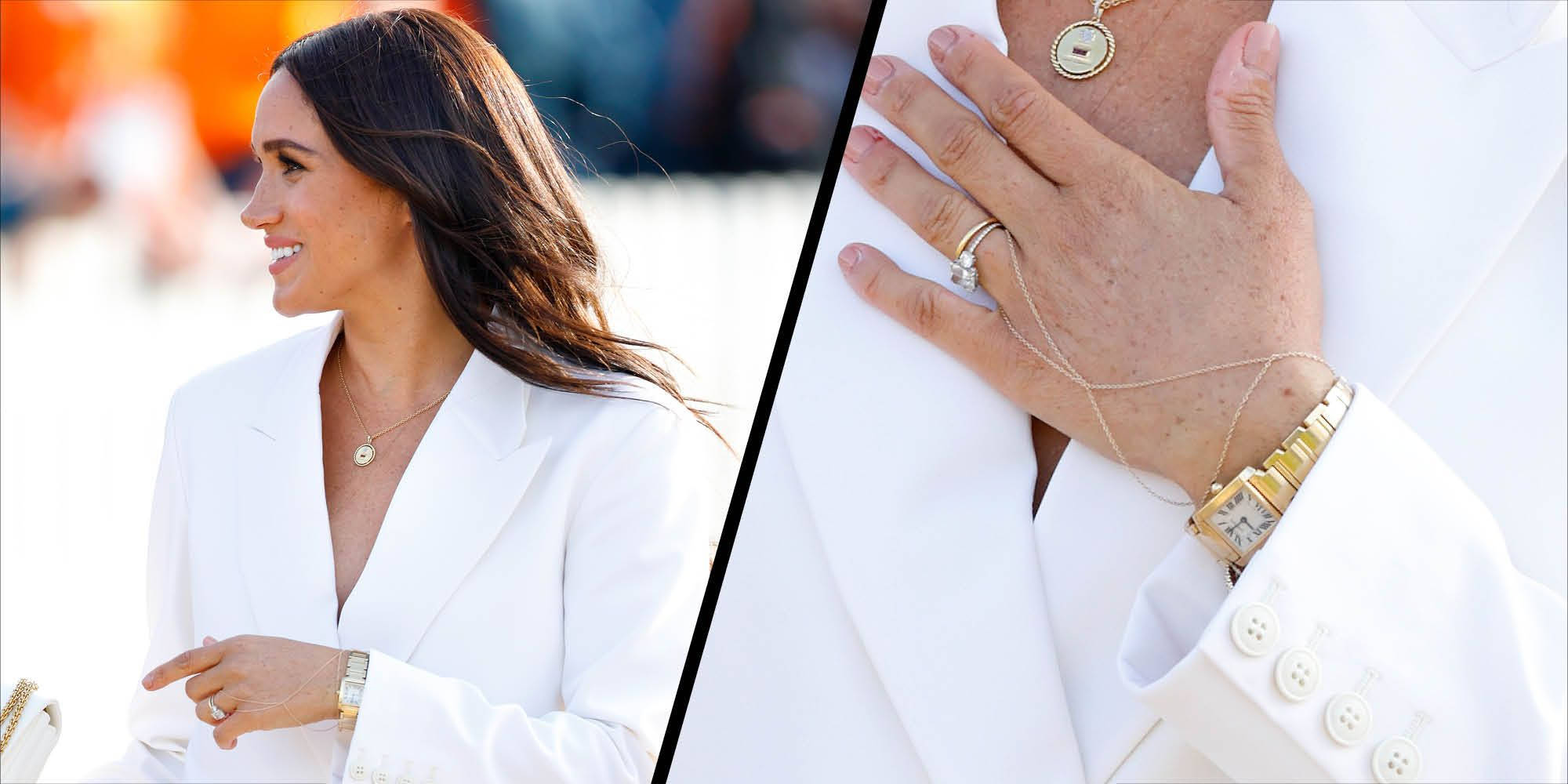 Meghan Markle 桌布 壁紙 — 一張分割圖片顯示梅根·馬克爾穿著白色西裝外套微笑，她的手放在伴侶的胸口上，展示結婚戒指和金色手錶。